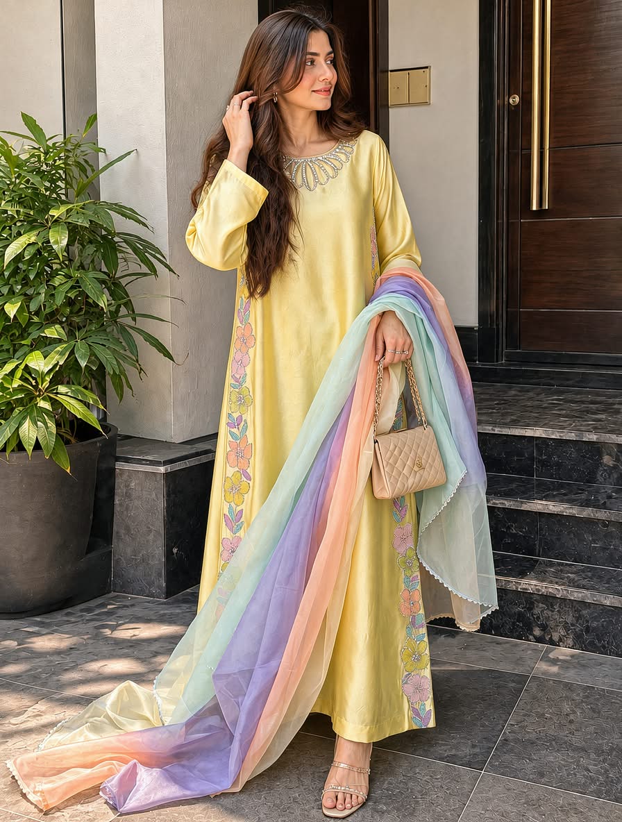 Shrenz Yellow Silk Formal Kaftan Collection Replica - Image 2