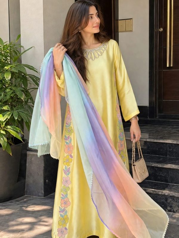 Shrenz Yellow Silk Formal Kaftan Collection Replica