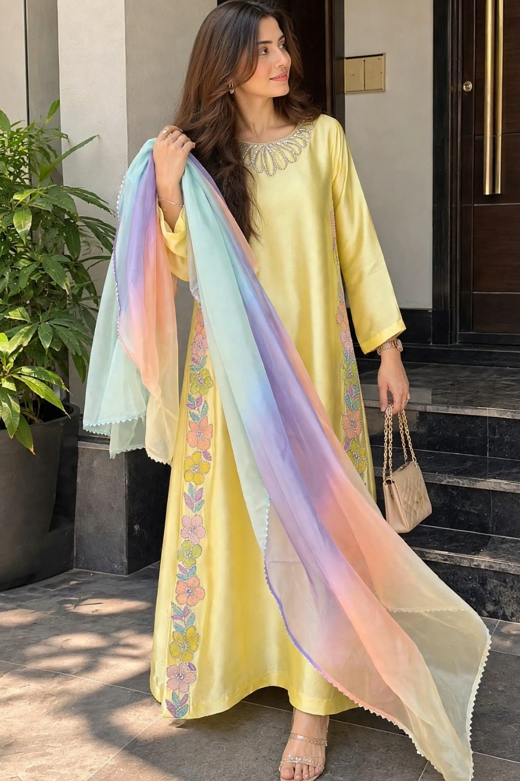 Shrenz Yellow Silk Formal Kaftan Collection Replica