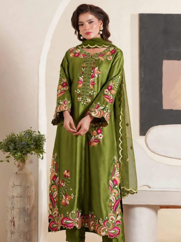 Shrenz Parrot Green Silk Formal Kaftan Collection Replica