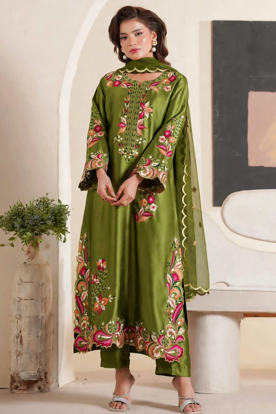 Shrenz Parrot Green Silk Formal Kaftan Collection Replica