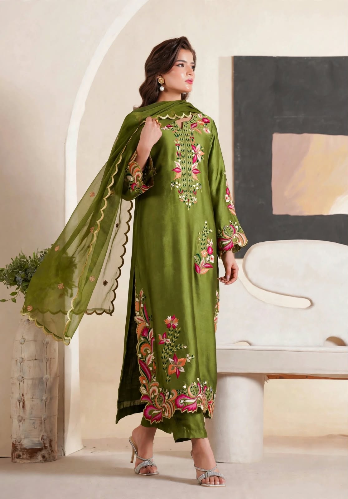 Shrenz Parrot Green Silk Formal Kaftan Collection Replica - Image 3