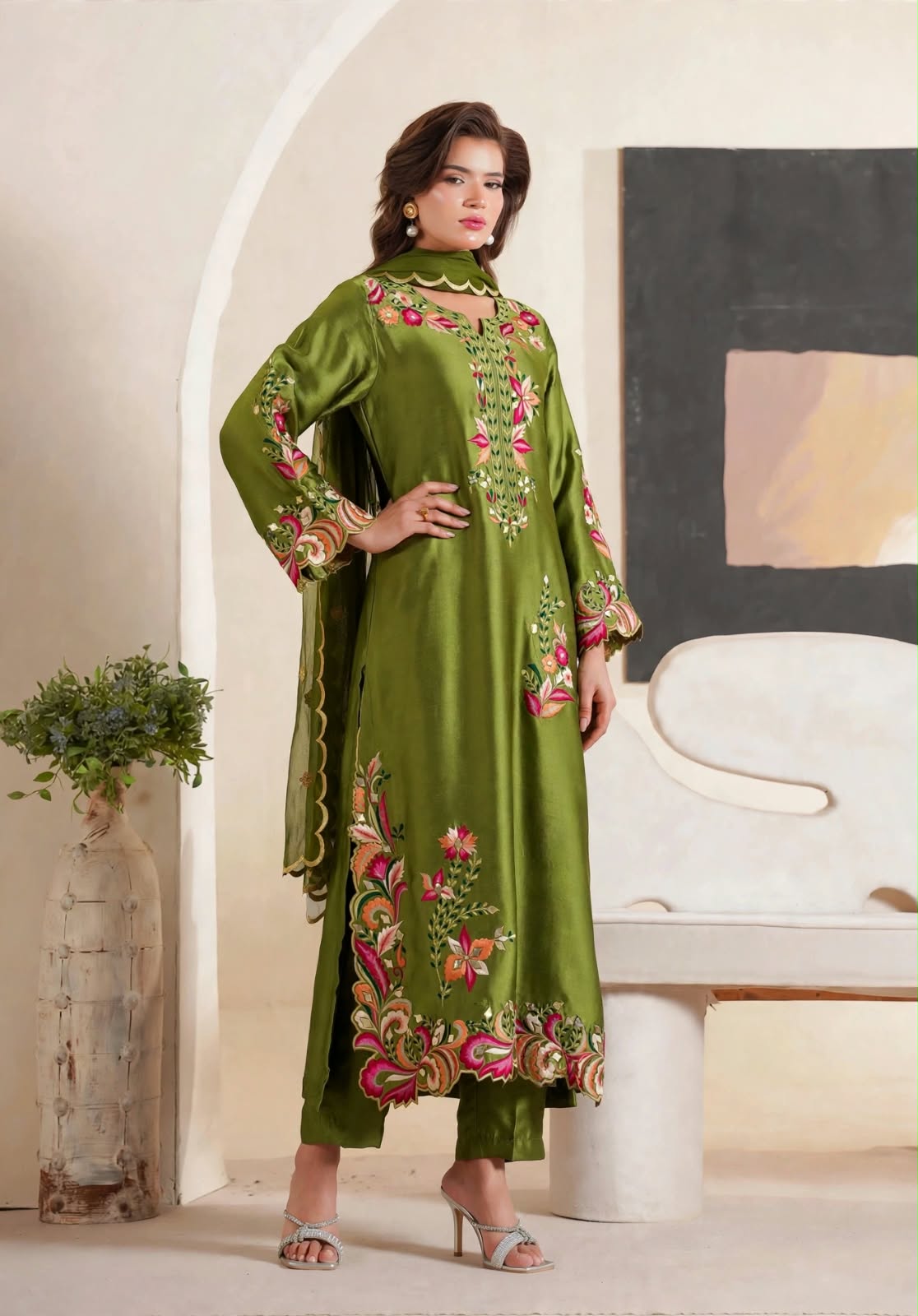 Shrenz Parrot Green Silk Formal Kaftan Collection Replica - Image 2