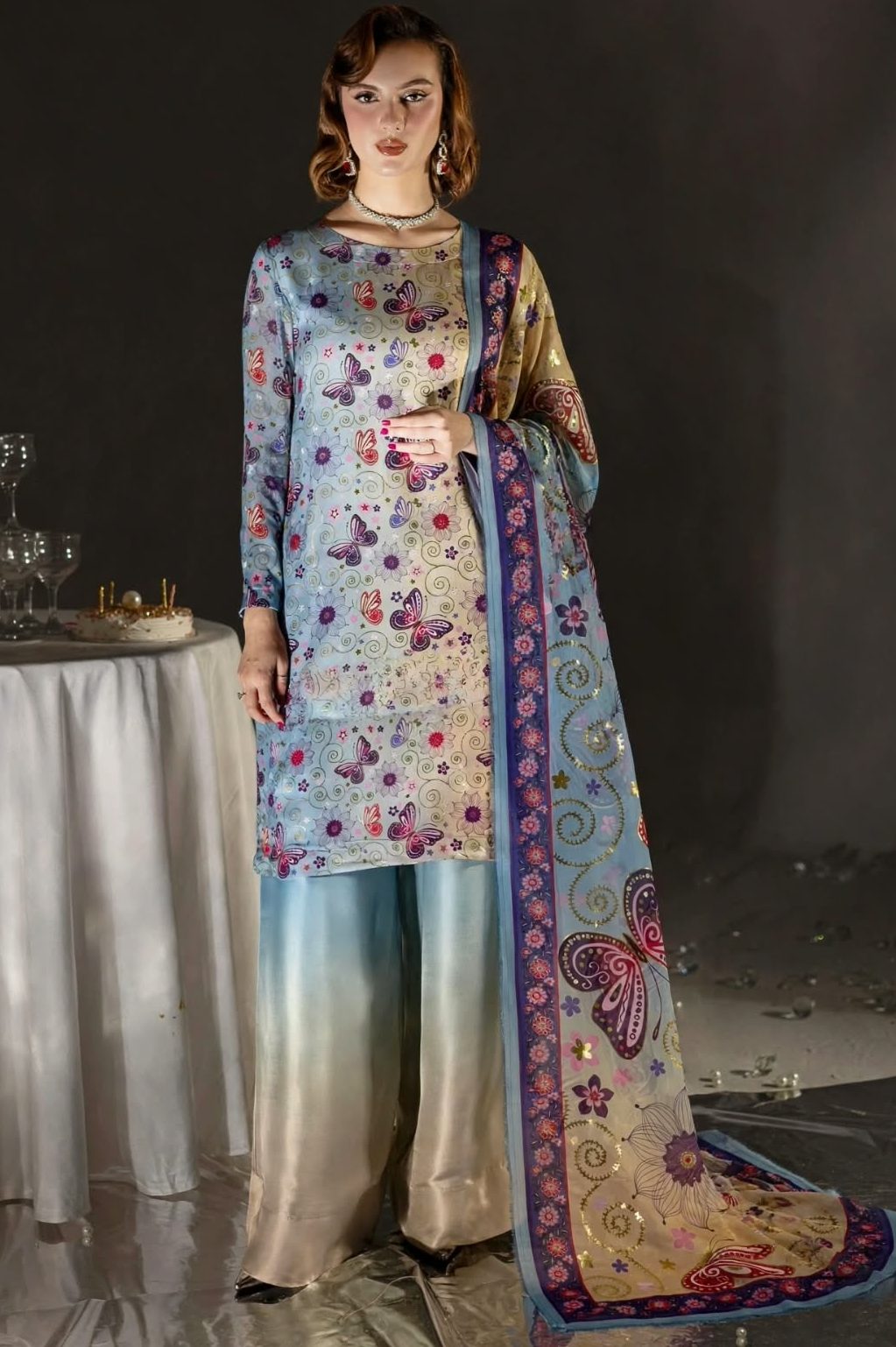 Shrenz Tie-N-Die Digital Printed Silk Formal Collection Replica