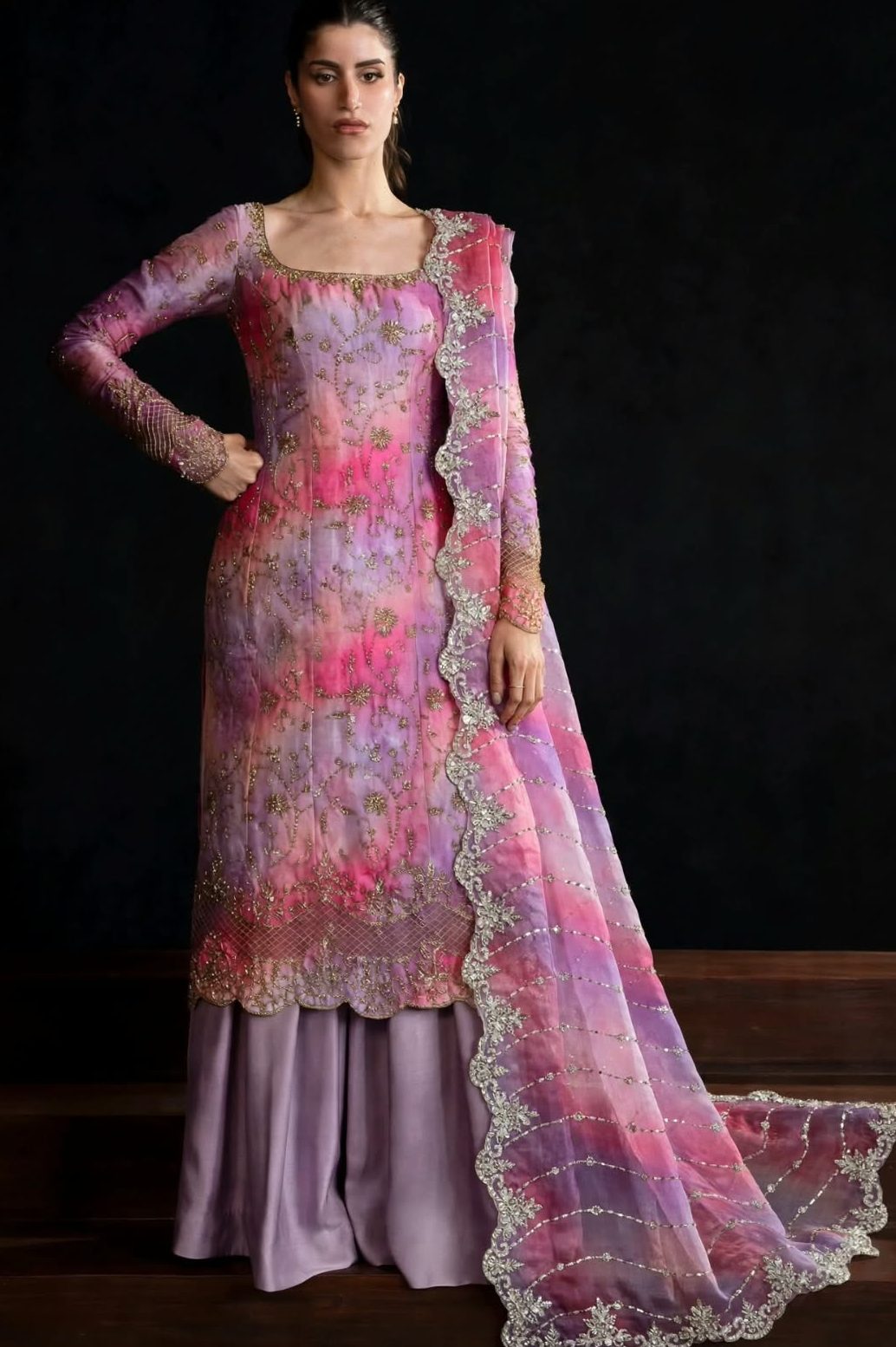Shrenz Pink Cutdana Sheesha Silk Formal Collection Replica
