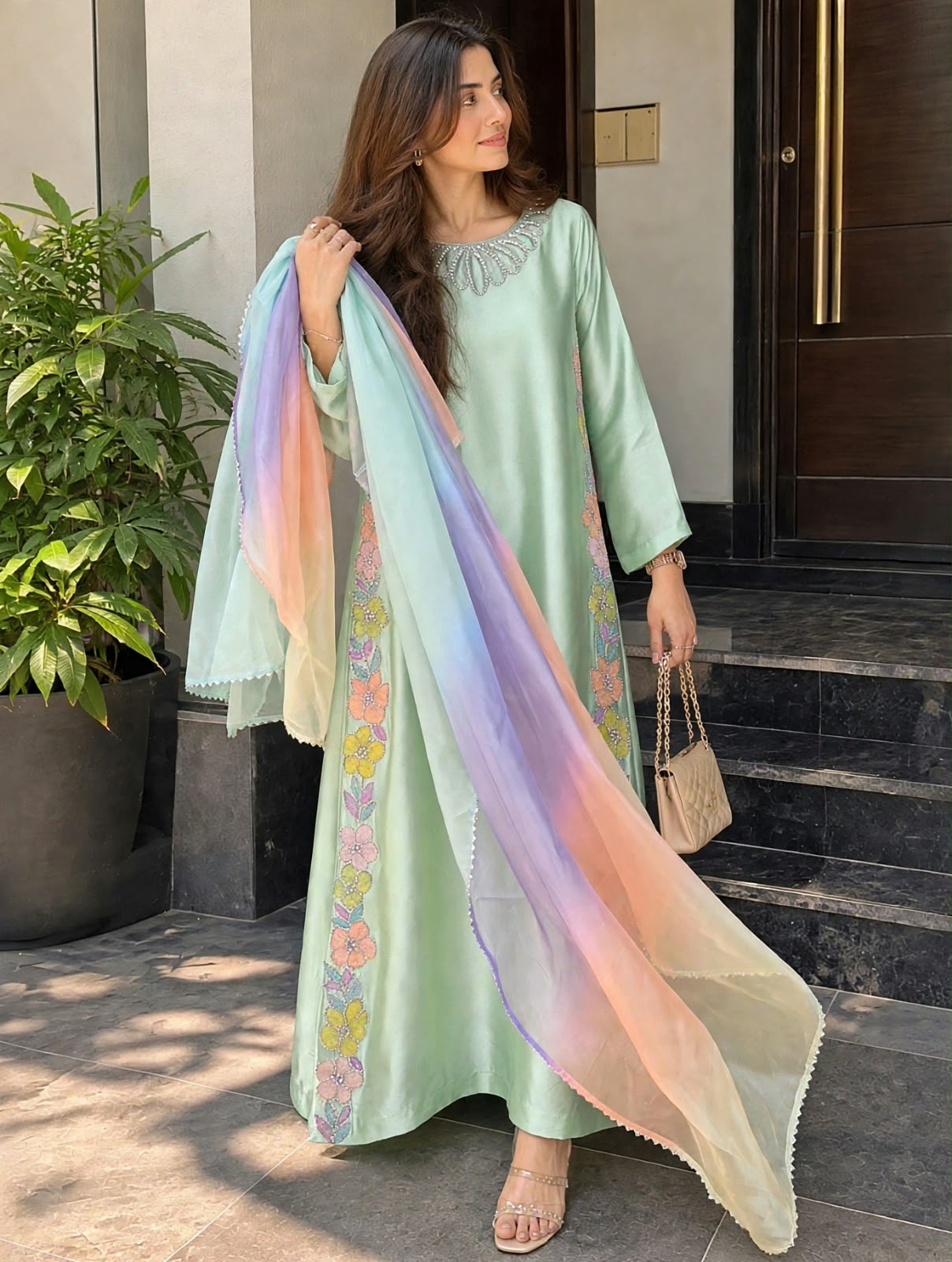 Shrenz Seagreen Silk Formal Kaftan Collection Replica - Image 2