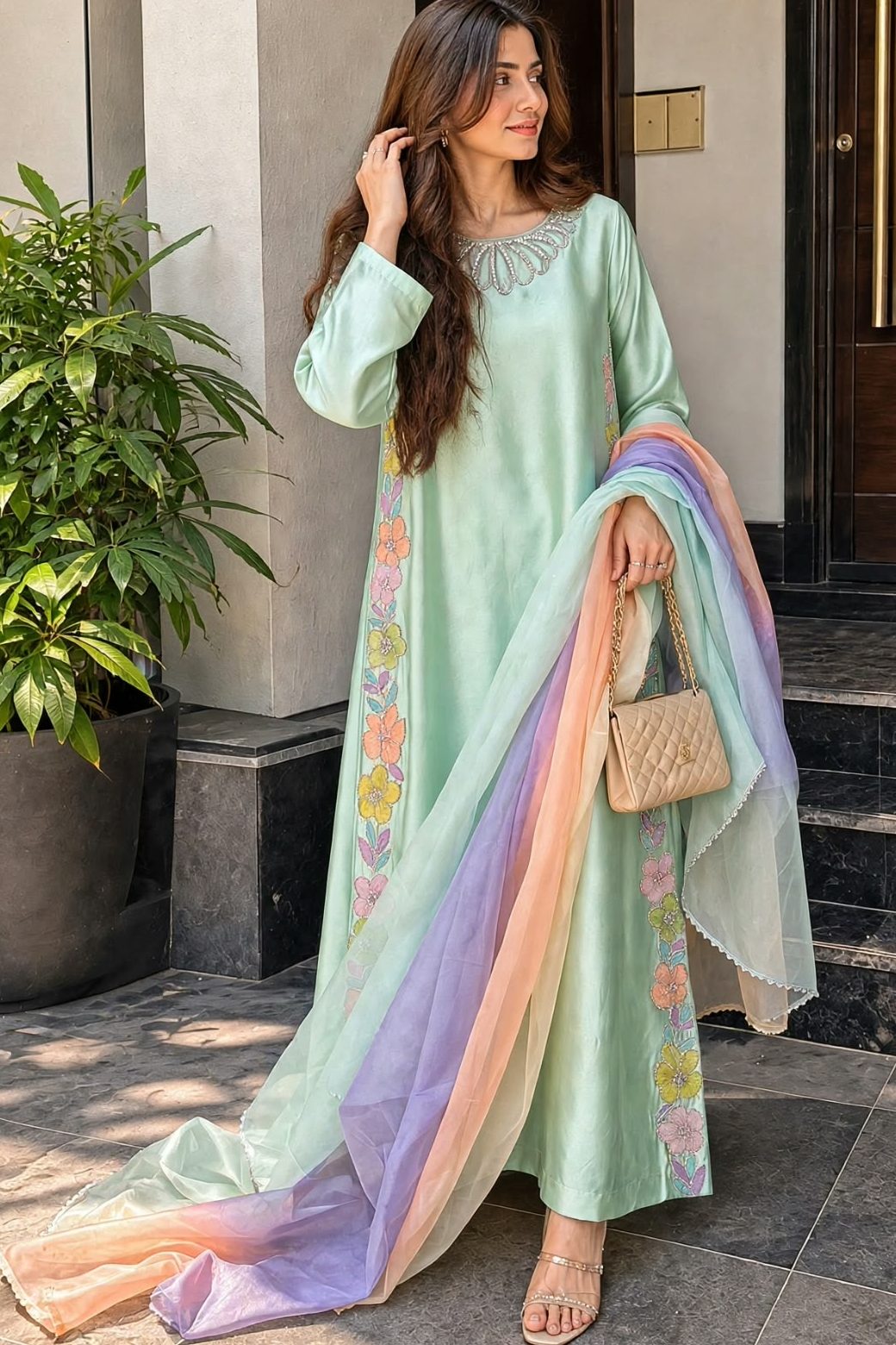 Shrenz Seagreen Silk Formal Kaftan Collection Replica