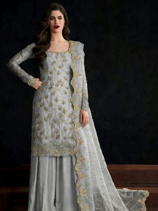 Shrenz Grey Cutdana Crinkle Pure Chiffon Formal Collection Replica