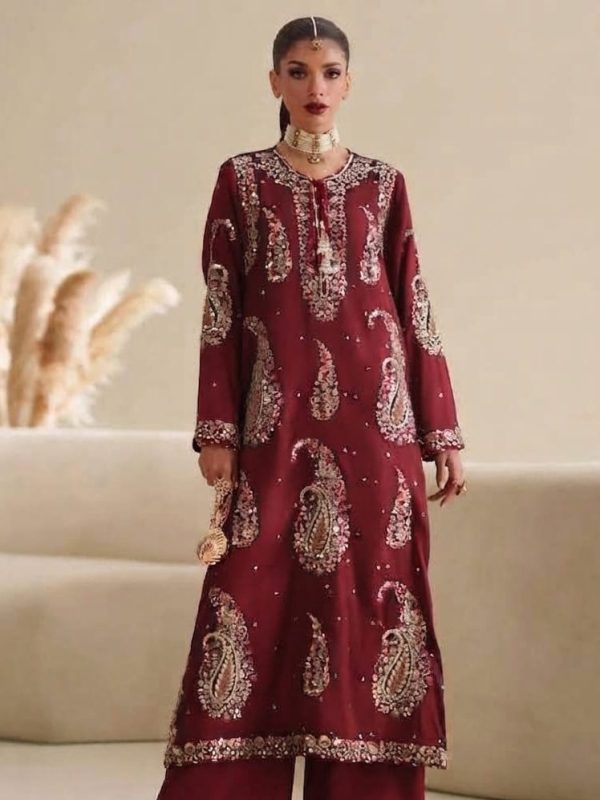 2 Piece Ethnic Maroon Formal Collection Silk Replica