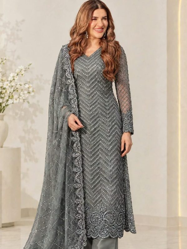 Shrenz Grey Soft Net Cutdana Formal Collection Replica