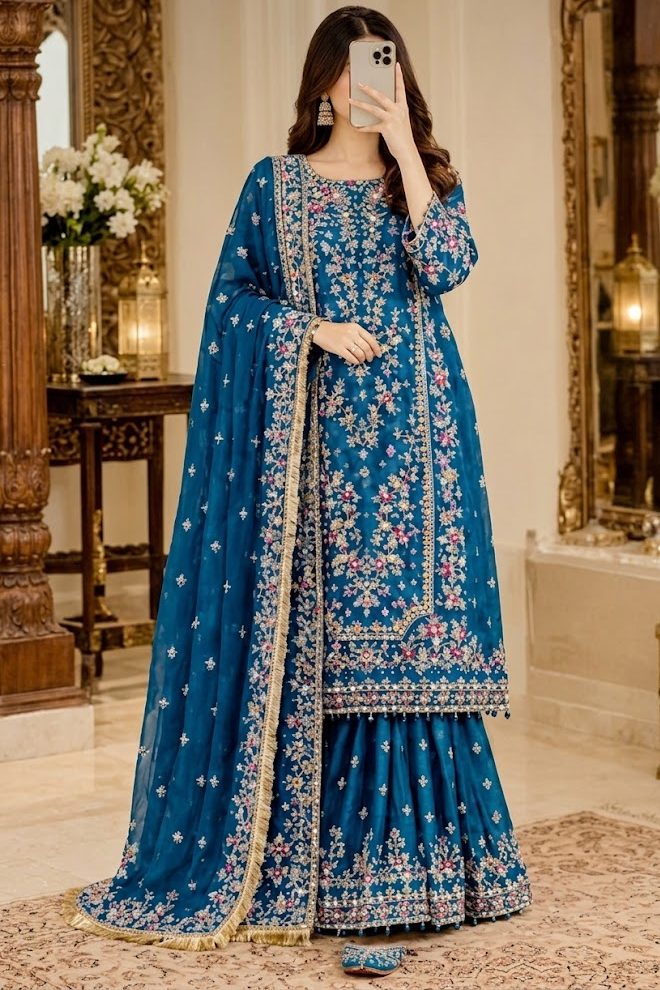 Shrenz Blue Chiffon Formal Collection Replica