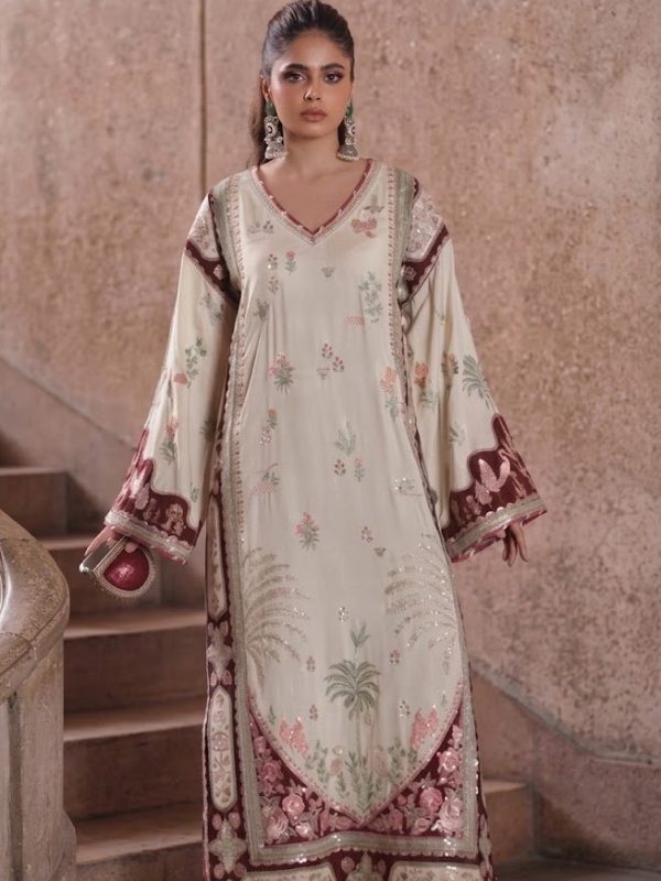 Ethnic Maroon Silk Kaftan Formal Collection Replica