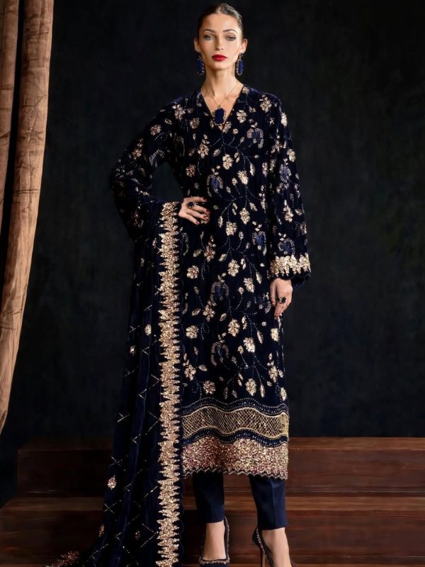 Shrenz Navy Blue Velvet Winter Collection Replica