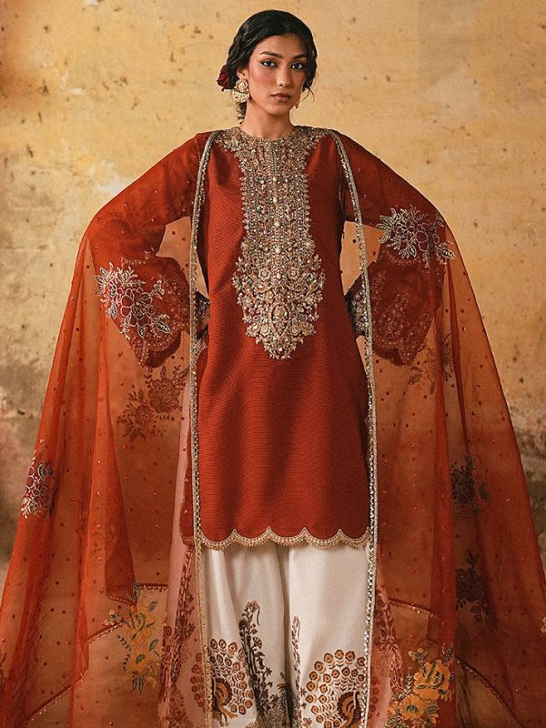 Shrenz Orange Raw Silk Formal Collection Replica