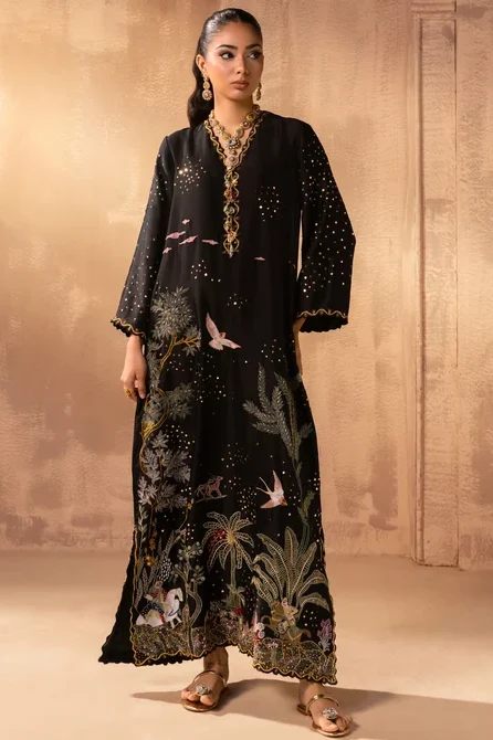 Shareen Jet Black Silk Formal Kaftan Collection Replica