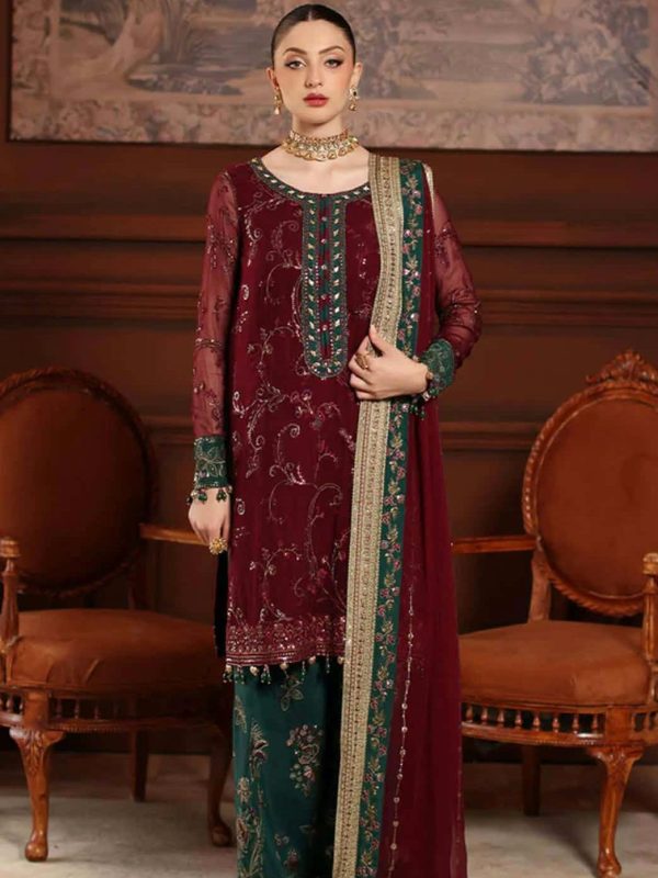 Shrenz Maroon Chiffon Formal Collection Replica