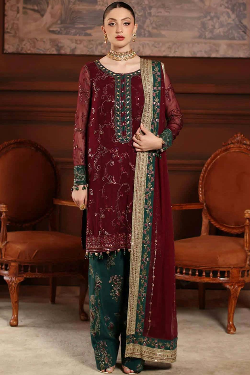 Shrenz Maroon Chiffon Formal Collection Replica