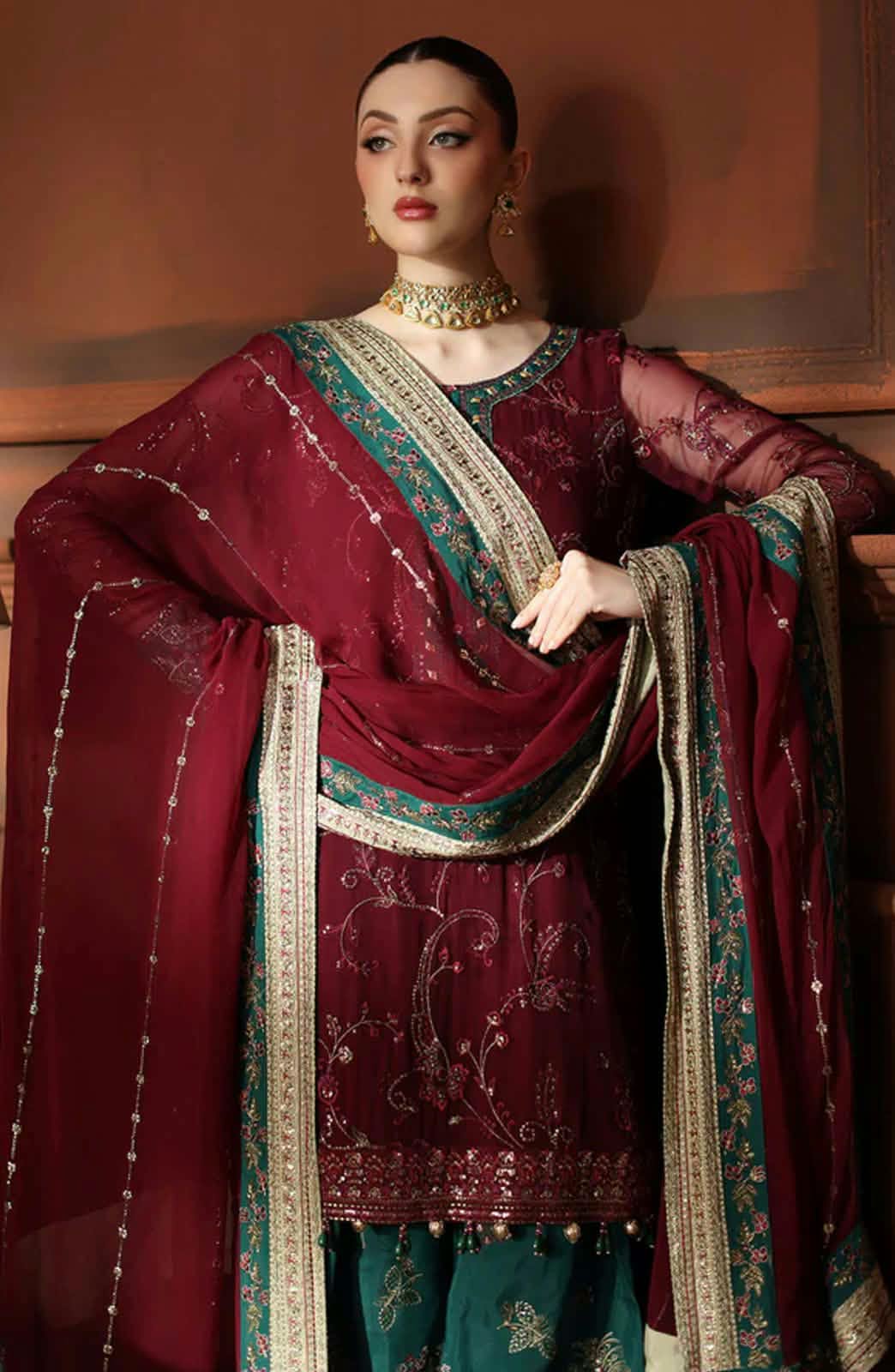 Shrenz Maroon Chiffon Formal Collection Replica - Image 3
