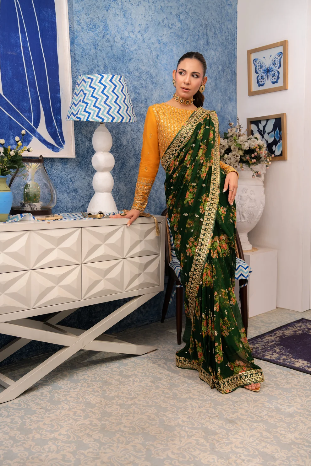 Aneela's Green Chiffon Saree Collection Replica - Image 3
