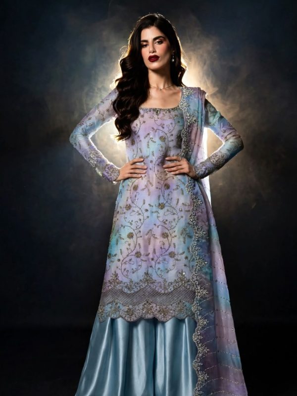 Shrenz Sky Cutdana Sheesha Silk Formal Collection Replica