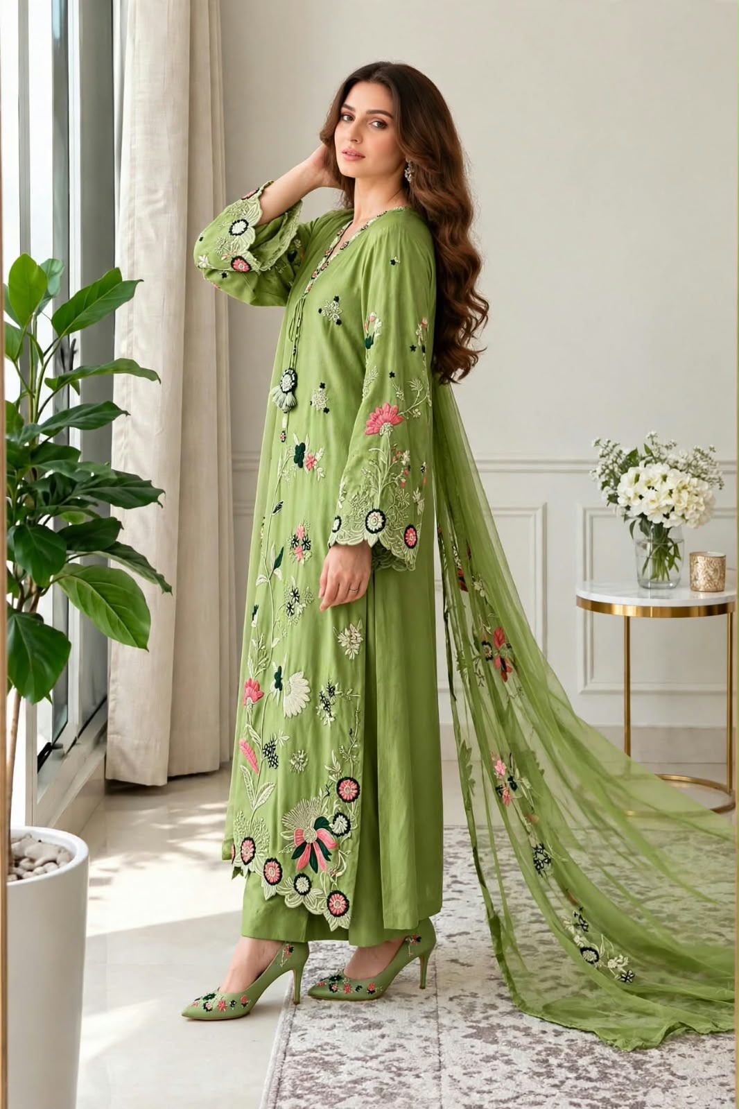Shrenz Parrot Green Silk Kaftan Formal Collection Replica - Image 2