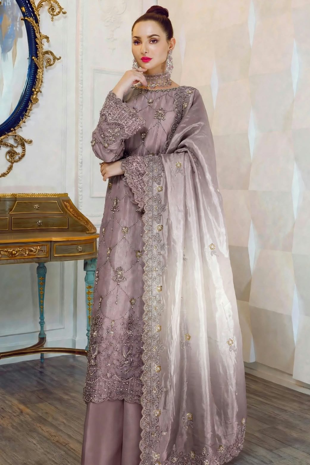 Shrenz Purple Cutdana Sheesha Silk Formal Collection Replica