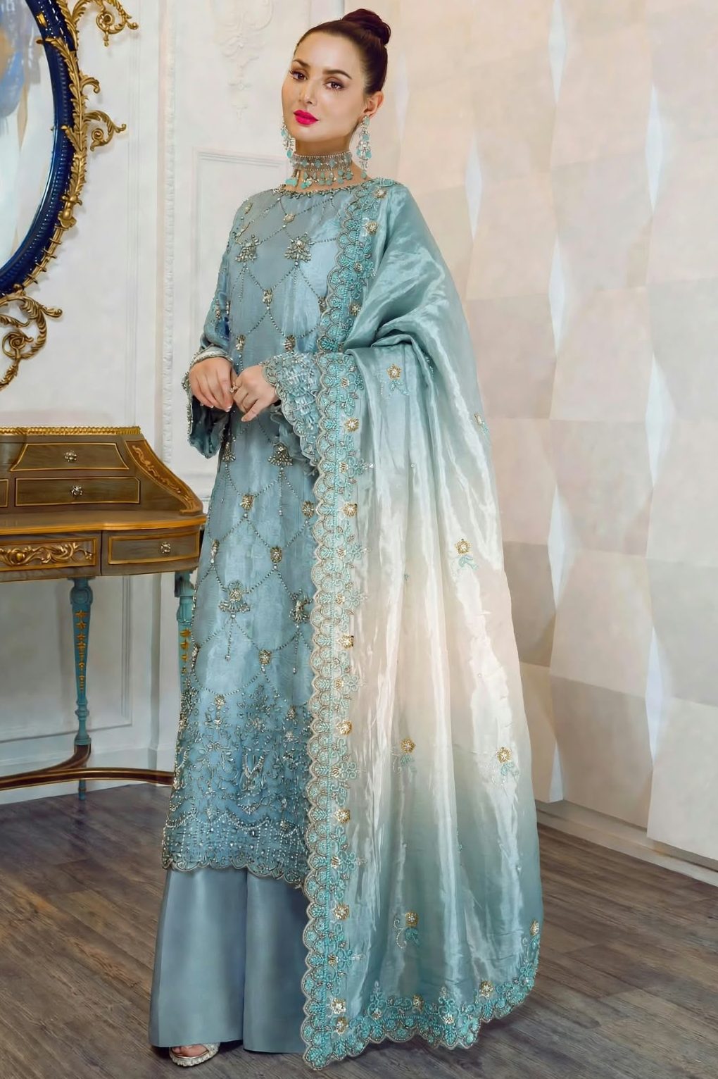 Shrenz Blue Cutdana Sheesha Silk Formal Collection Replica