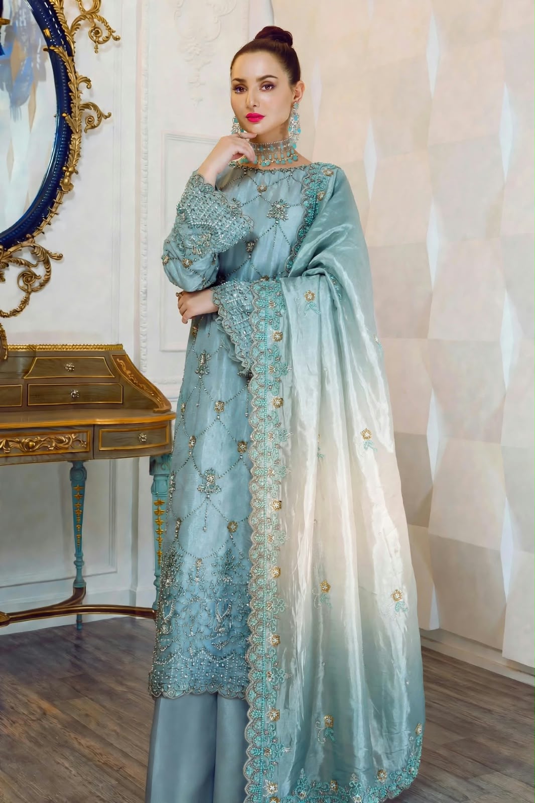 Shrenz Blue Cutdana Sheesha Silk Formal Collection Replica - Image 2