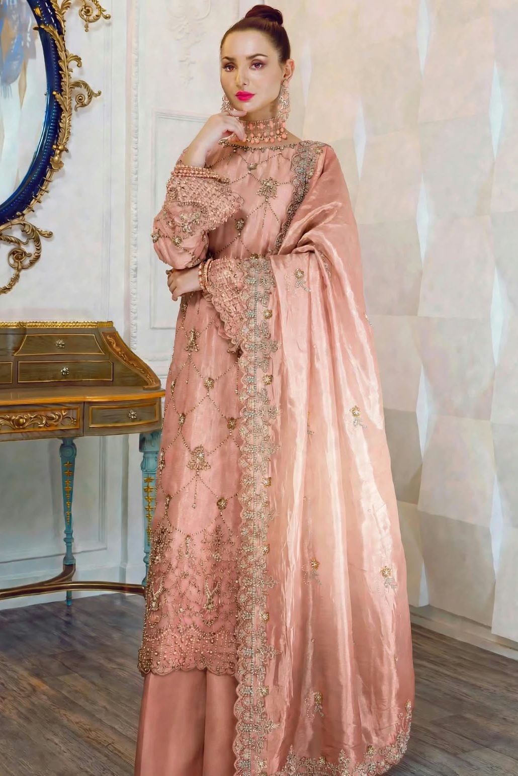 Shrenz Pink Cutdana Sheesha Silk Formal Collection Replica