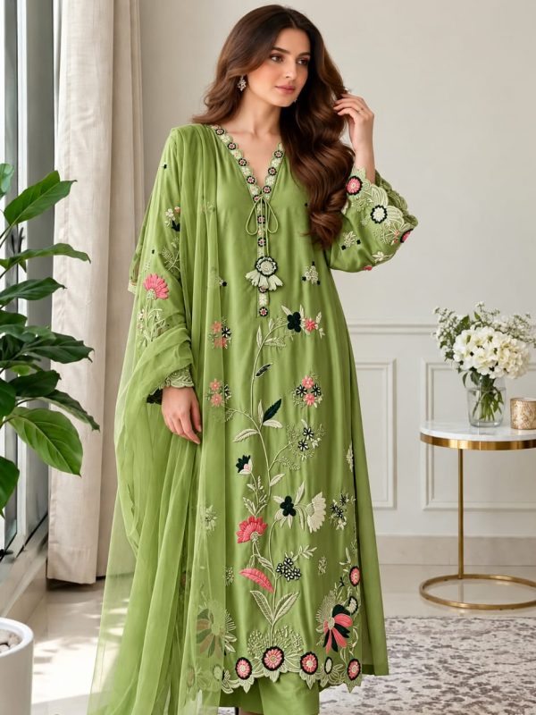 Shrenz Parrot Green Silk Kaftan Formal Collection Replica
