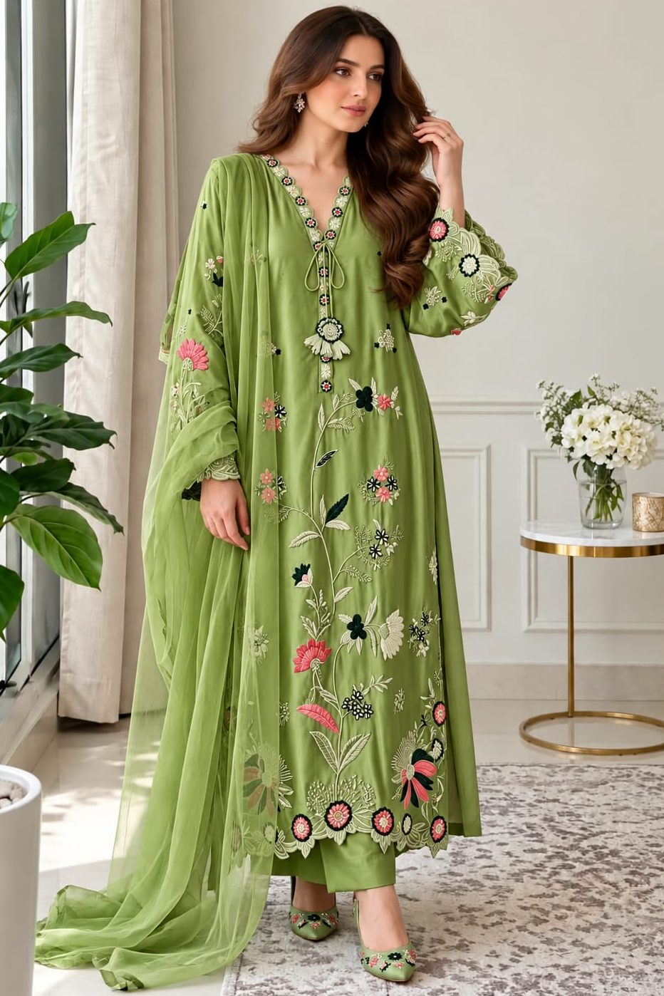 Shrenz Parrot Green Silk Kaftan Formal Collection Replica