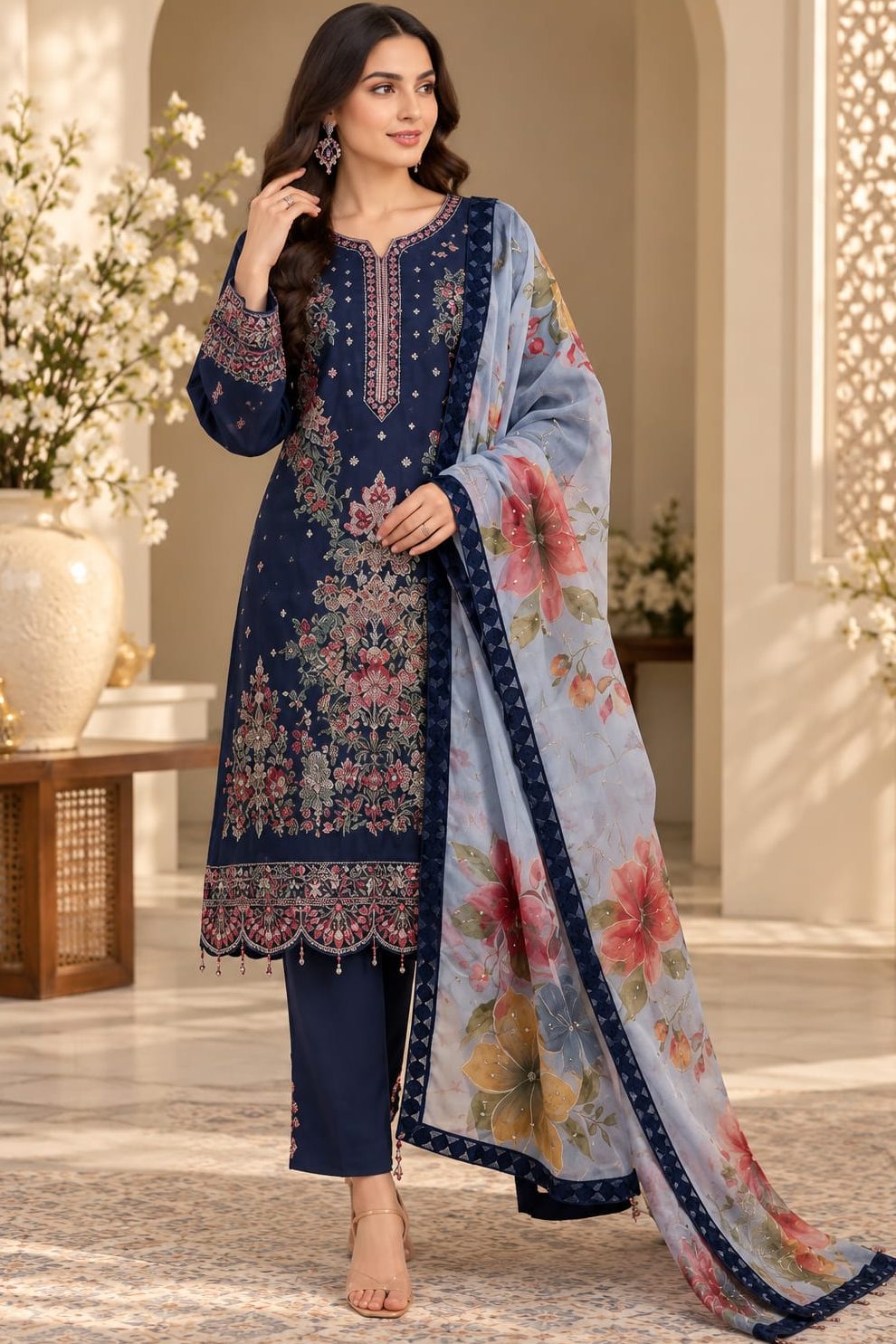 Shrenz Navy Blue Cotton Collection Replica