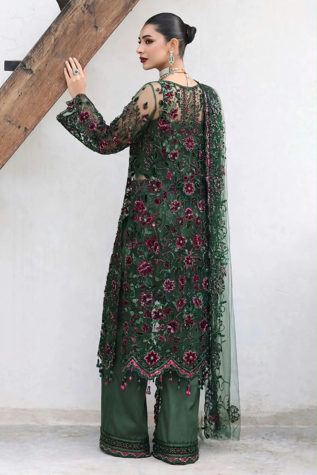 Shrenz Bottle Green Cutdana Net Formal Collection Replica - Image 2