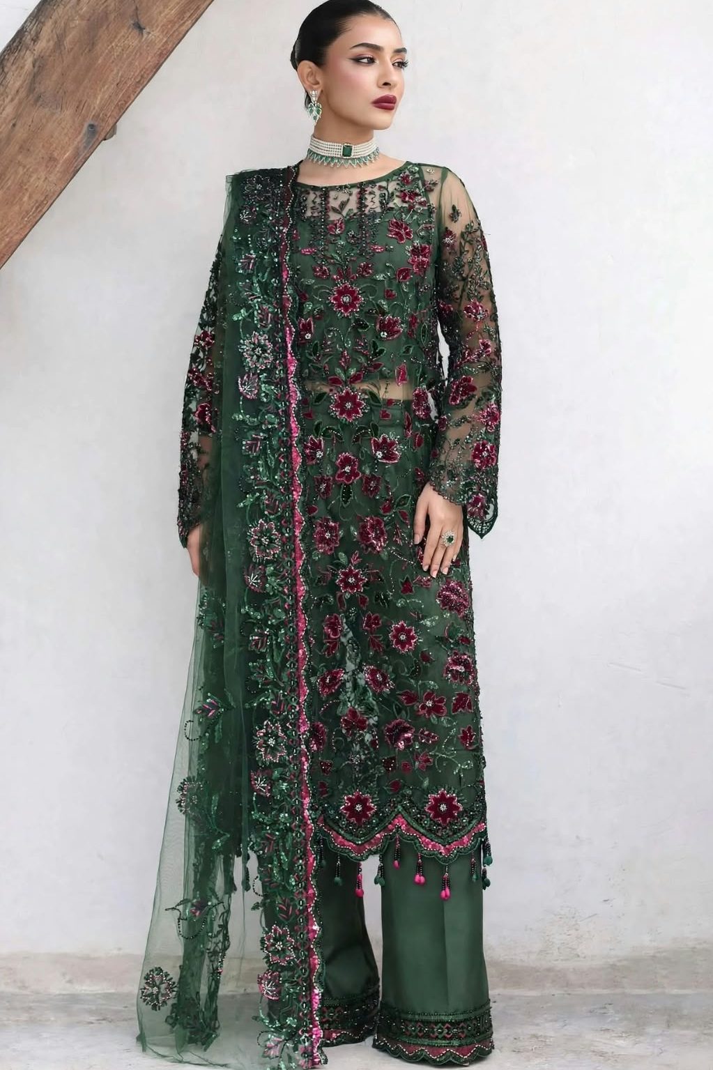 Shrenz Bottle Green Cutdana Net Formal Collection Replica