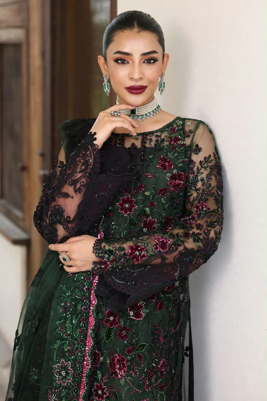 Shrenz Bottle Green Cutdana Net Formal Collection Replica - Image 4