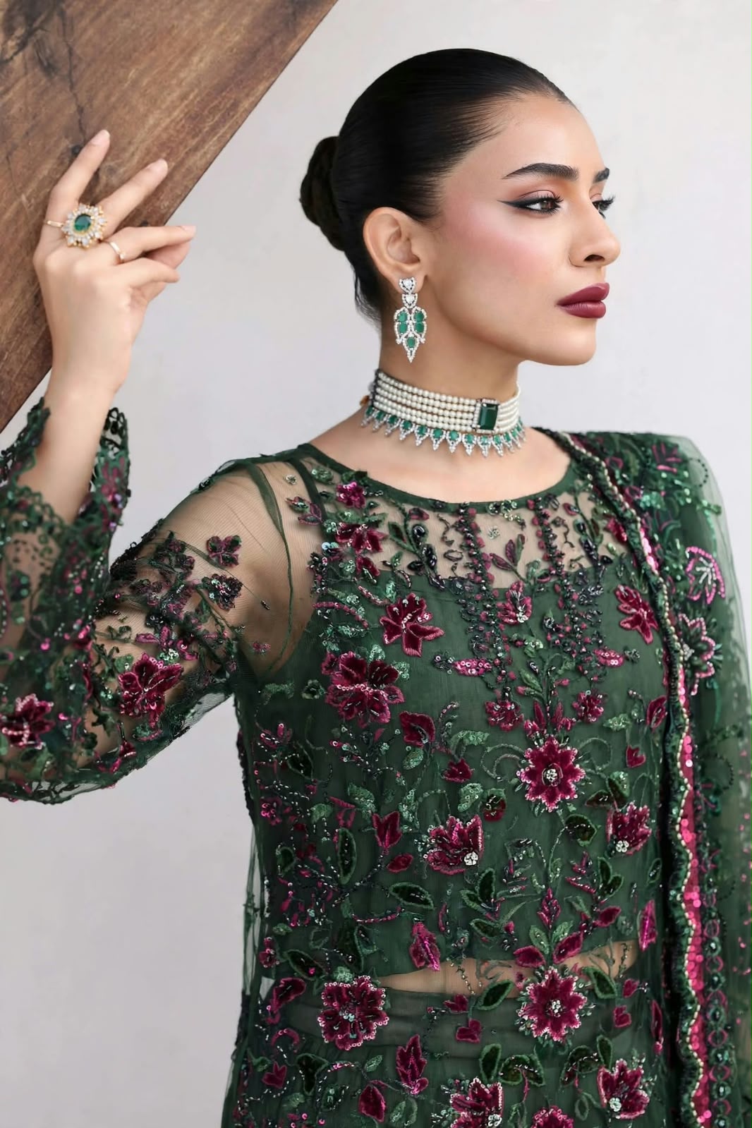 Shrenz Bottle Green Cutdana Net Formal Collection Replica - Image 3
