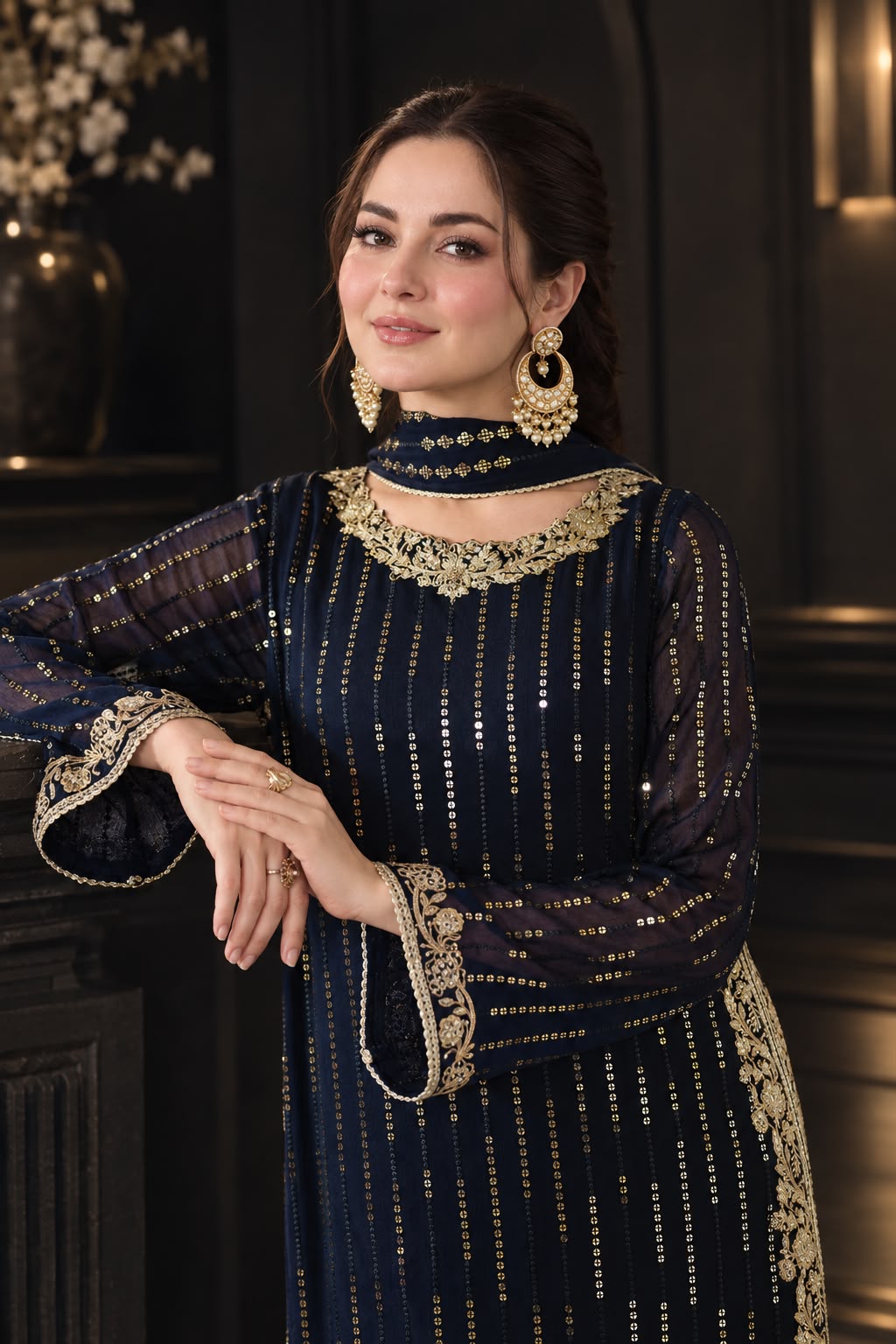 Shrenz Navy Blue Chiffon Formal Collection Replica - Image 2