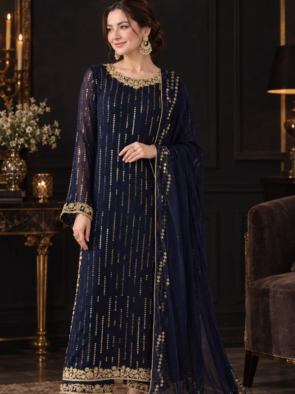 Shrenz Navy Blue Chiffon Formal Collection Replica