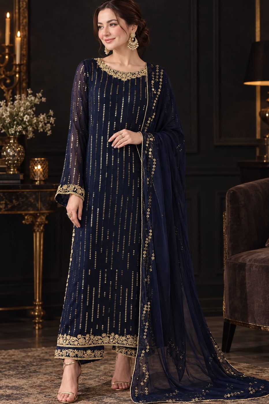 Shrenz Navy Blue Chiffon Formal Collection Replica