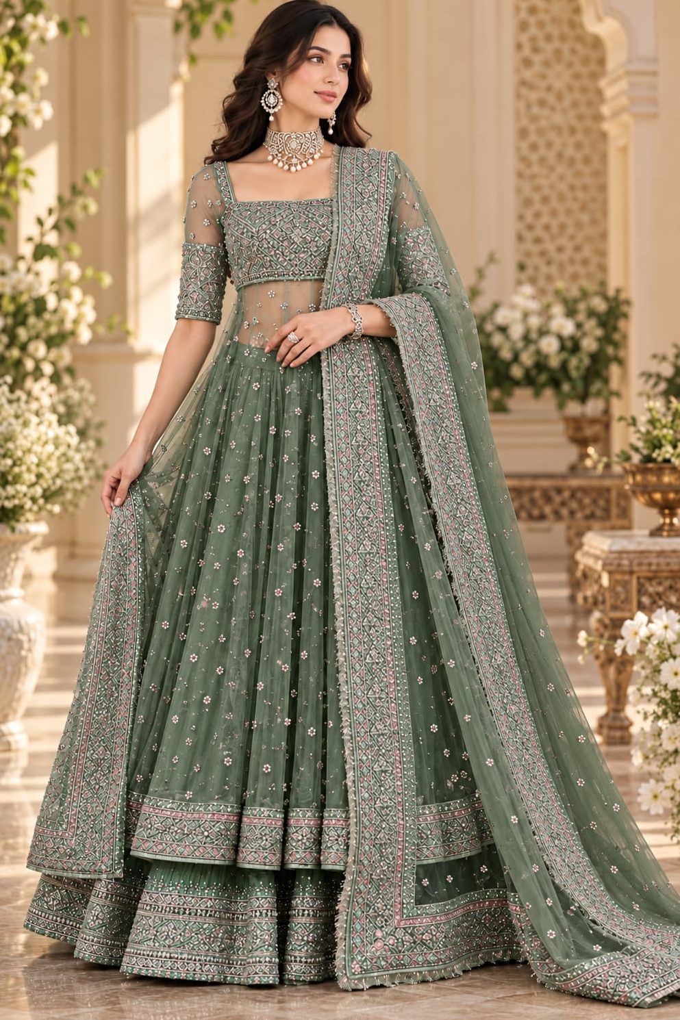 Hussain Rehar Green Bridal Collection Net Maxi Replica