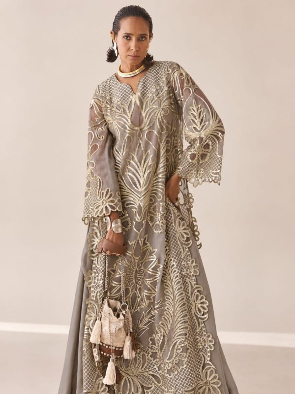 Shrenz Grey Silk Kaftan Formal Collection Replica