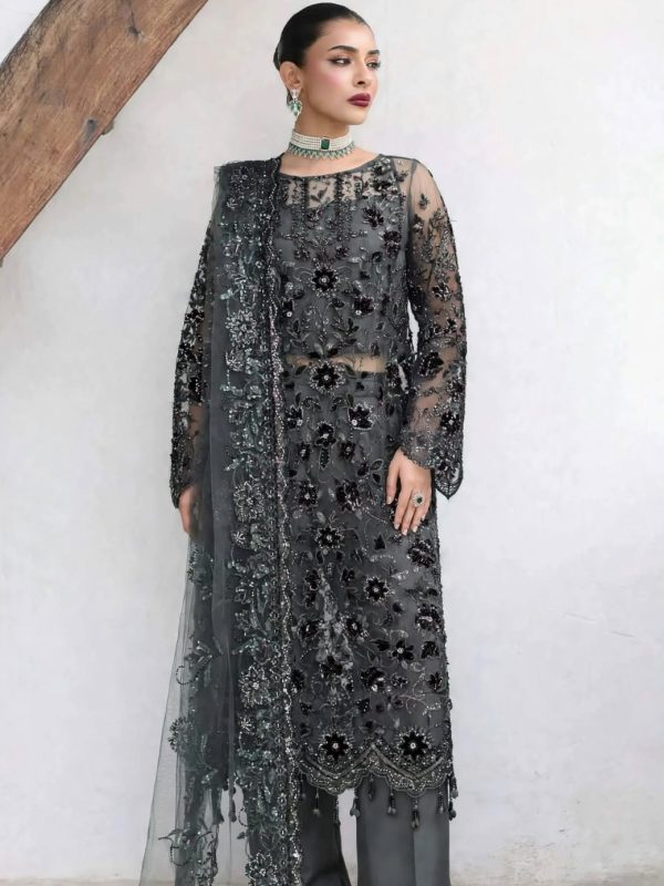 Shrenz Grey Cutdana Net Formal Collection Replica
