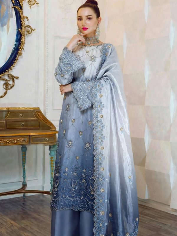 Shrenz Blue Cutdana Silk Formal Collection Replica
