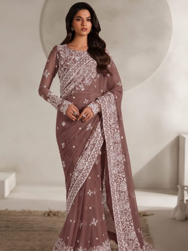 Shrenz Peach Chiffon Saree Collection Replica