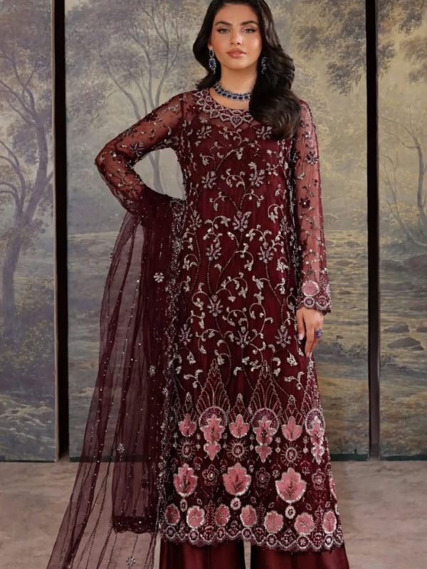 Shrenz Maroon Cutdana Net Formal Collection Replica