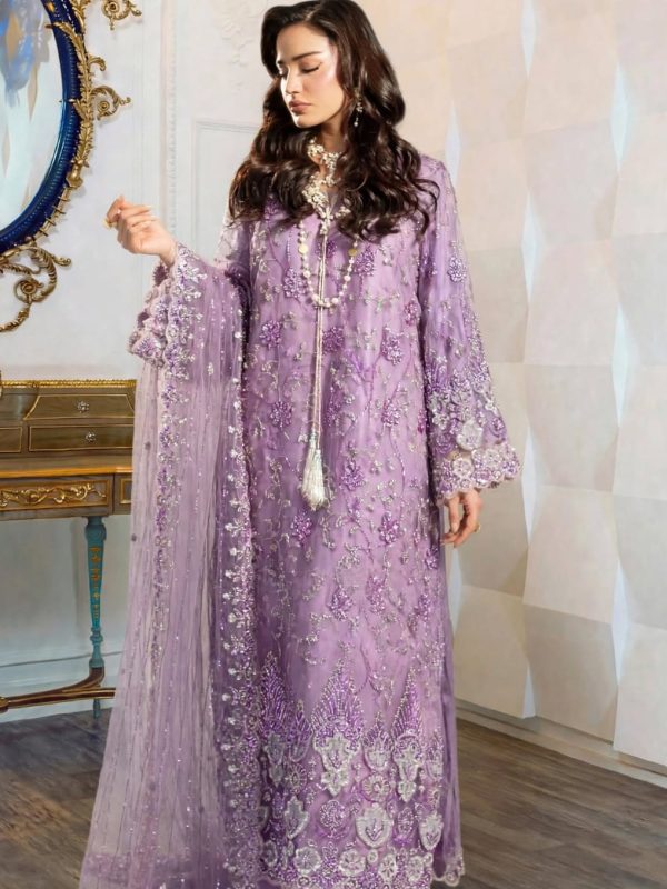 Shrenz Purple Soft Net Formal Cutdana Collection Replica