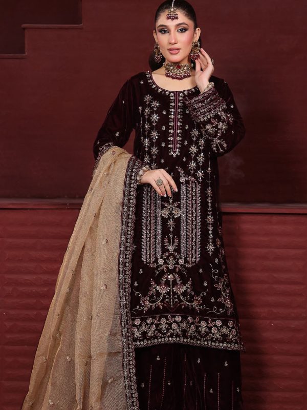 Shrenz Burgundy Velvet Winter Collection Replica