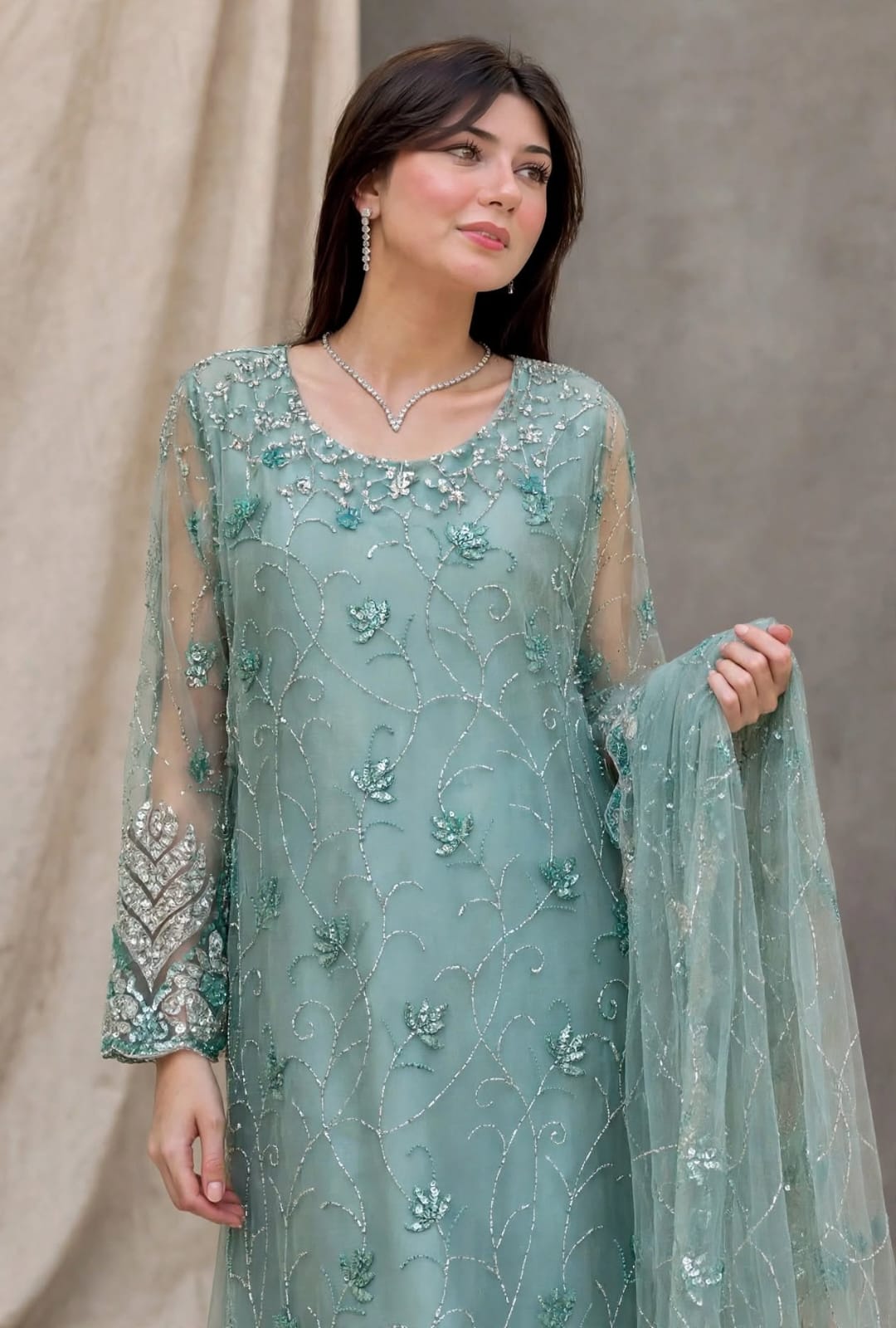 Shrenz Seagreen Soft Net Formal Cutdana Collection Replica - Image 2