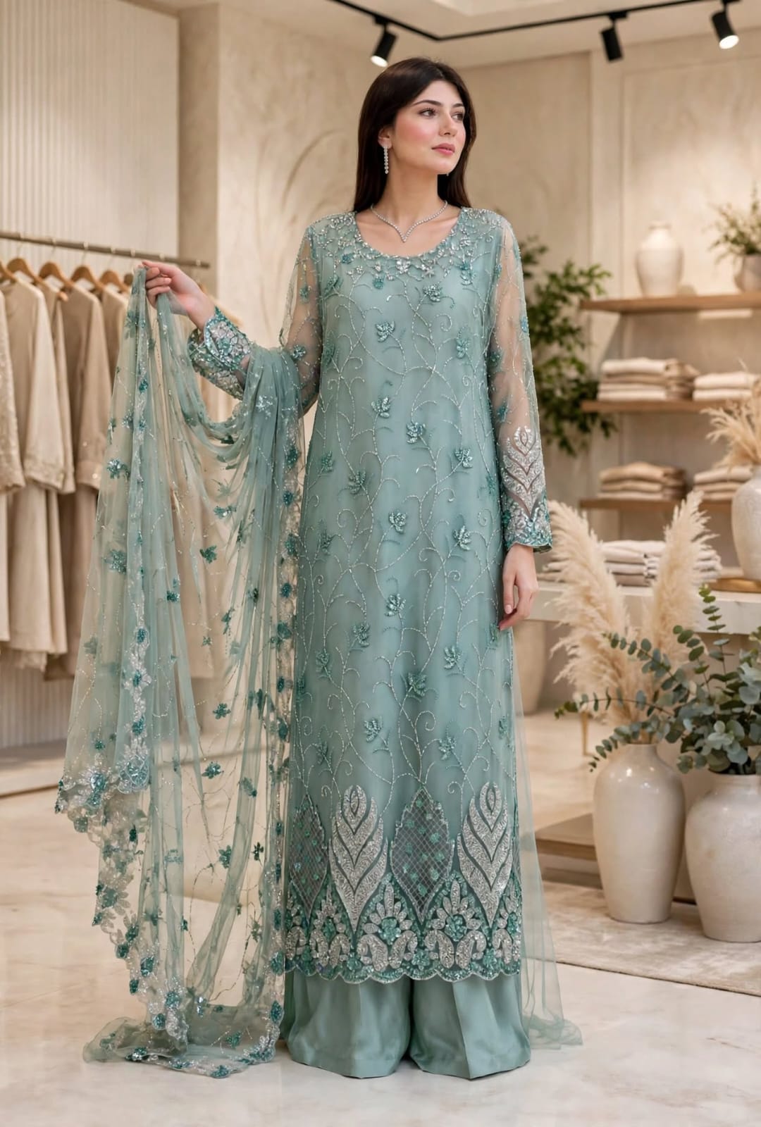 Shrenz Seagreen Soft Net Formal Cutdana Collection Replica - Image 3