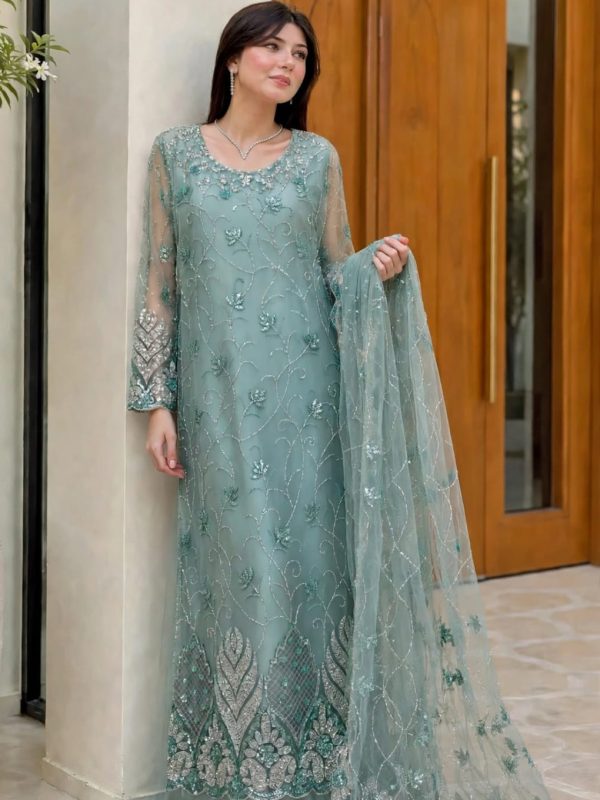 Shrenz Seagreen Soft Net Formal Cutdana Collection Replica